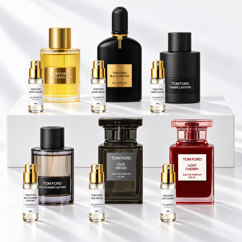 6 decants de Tom Ford Mega Discovery Set con sus perfumes de referencia. Botellas completas no incluidas.