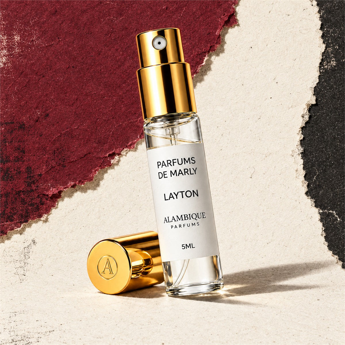 Decant Alambique de Layton de Parfums de Marly, 5 ml, con atomizador y tapa dorados