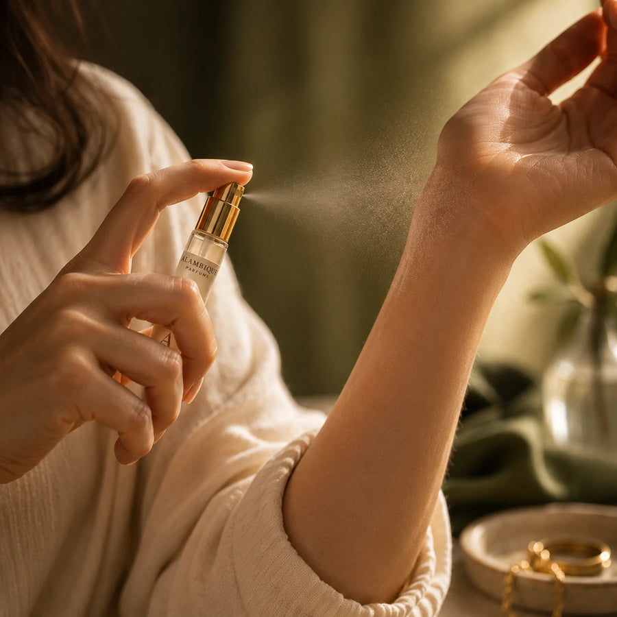 Mujer aplicando un decant de Alambique Parfums en su muñeca para probarlo en la piel