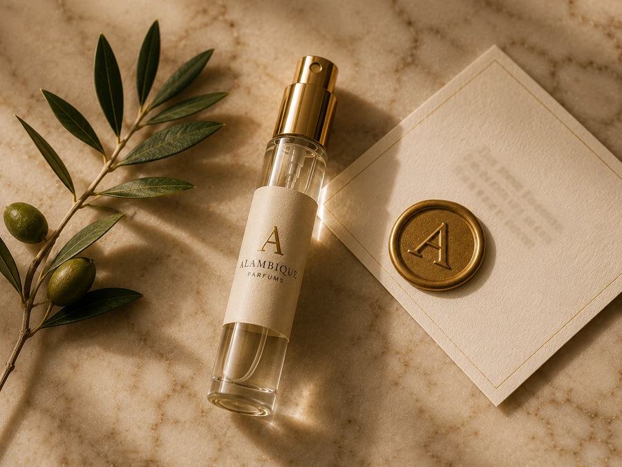 Decant de Alambique Parfums con sello de cera dorado y rama de olivo sobre mármol