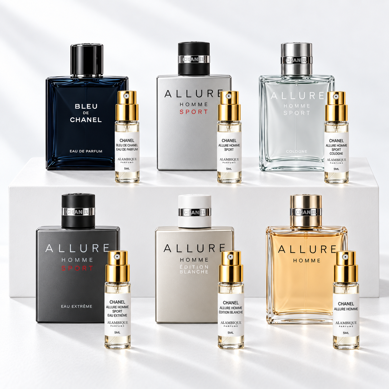 6 decants de CHANEL Discovery Set con sus perfumes de referencia. Botellas completas no incluidas.