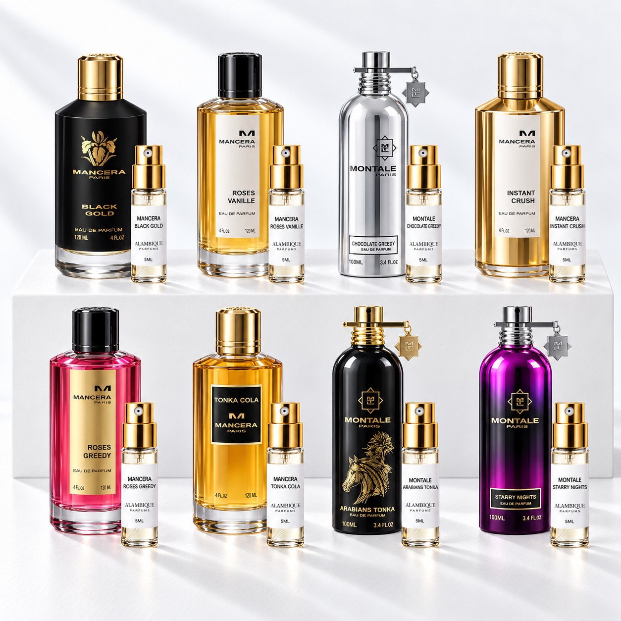 Mancera × Montale Discovery Set: ocho decants Alambique de Black Gold, Roses Vanille, Chocolate Greedy, Instant Crush, Roses Greedy, Tonka Cola, Arabians Tonka y Starry Nights. Botellas originales en dos niveles como referencia, no incluidas.