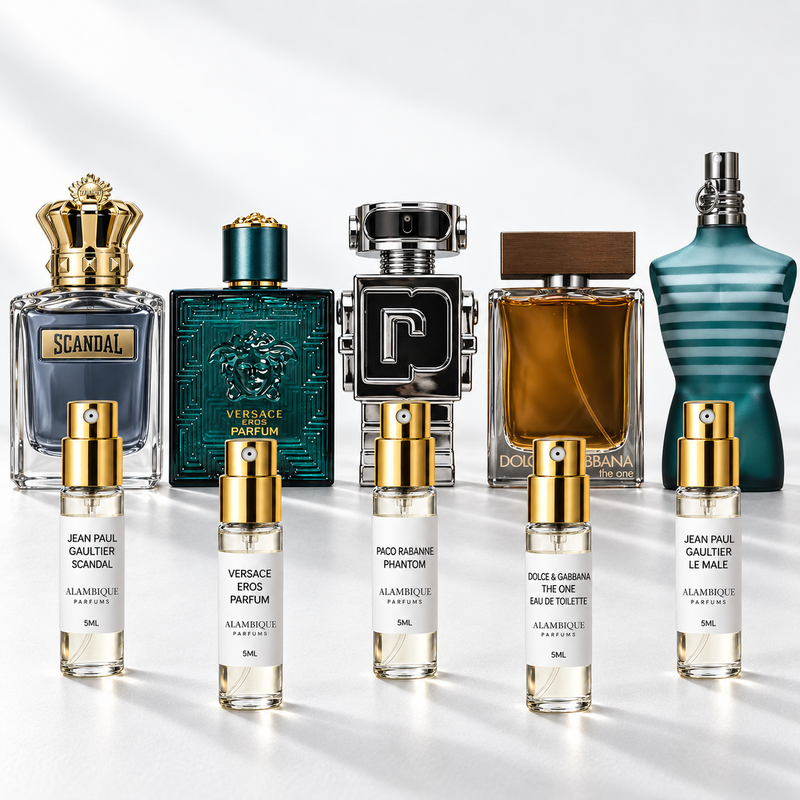 Discovery set Alambique: JEAN PAUL GAULTIER SCANDAL, VERSACE EROS PARFUM, PACO RABANNE PHANTOM, DOLCE & GABBANA THE ONE EAU DE TOILETTE, JEAN PAUL GAULTIER LE MALE. Decants con etiquetas blancas y atomizadores dorados junto a las botellas de referencia.