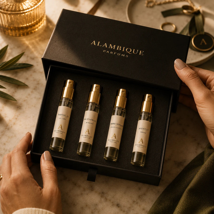 Discovery Set de Alambique Parfums abierto con decants de Le Labo, Byredo, Louis Vuitton y Creed