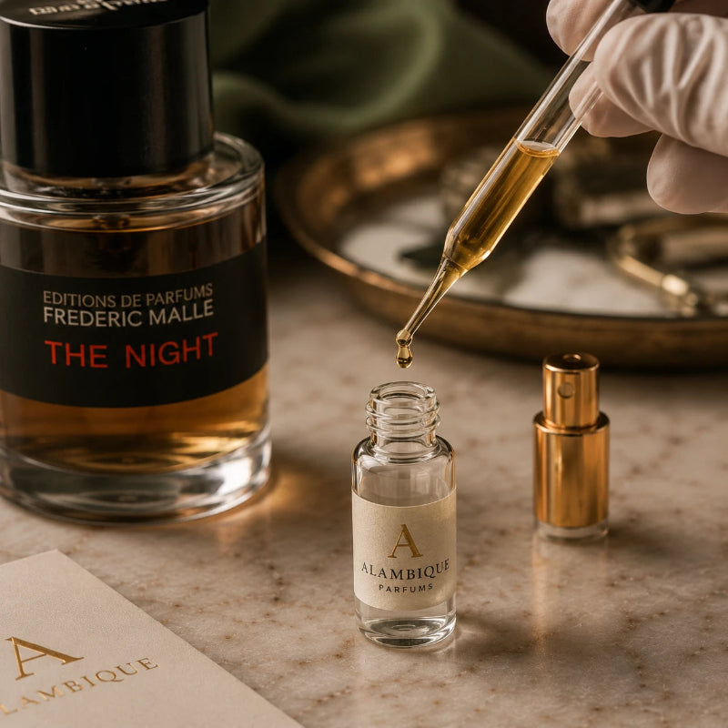 Extracción de un decant Alambique Parfums desde un frasco original Frédéric Malle con pipeta