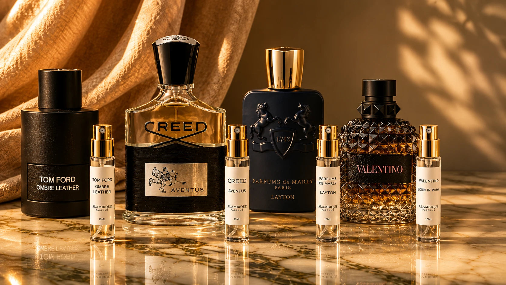 Perfumes originales de Tom Ford, Creed, Parfums de Marly y Valentino junto a sus decants de Alambique Parfums