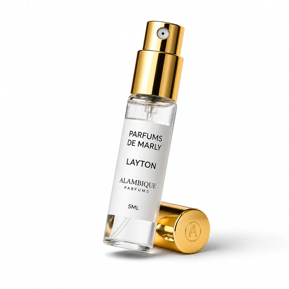 Decant Alambique de Layton de Parfums de Marly, 5 ml, con atomizador y tapa dorados