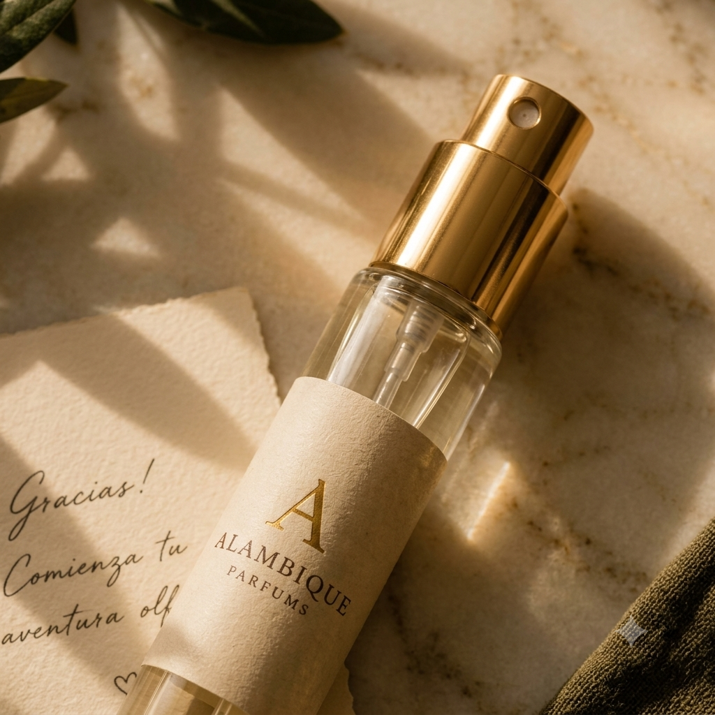 Detalle del atomizador dorado y la etiqueta de papel kraft de Alambique Parfums
